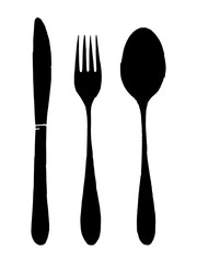 Vector silhouette of old fork with spoon and knife. Isolated illustration