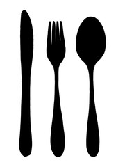 Vector silhouette of old fork with spoon and knife. Isolated