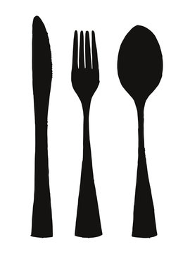 Vector silhouette of old fork with spoon and knife