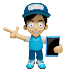3D Delivery Service Man Mascot the right hand guides and the left hand is holding a Smart Phone. Work and Job Character Design Series 2.