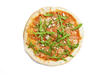 fresh italian classic original pizza with salmon and arugula isolated on white background. Flat lay, top view