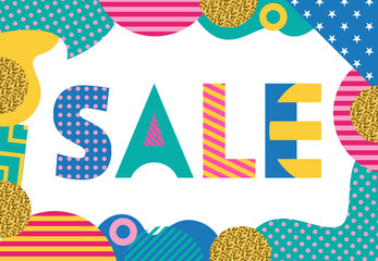 SALE. Trendy geometric font in memphis style of 80s-90s. Rectangular frame from abstract geometric elements