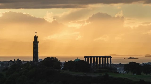 Time Lapse of Edinburgh's iconic Calton Hill at Sunset. Scotland, UK, Europe