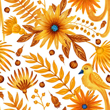 Hand painted markers bright herbal yellow and blue seamless pattern with Fire bird