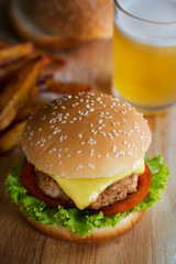  pork hamburger with french fries and beer