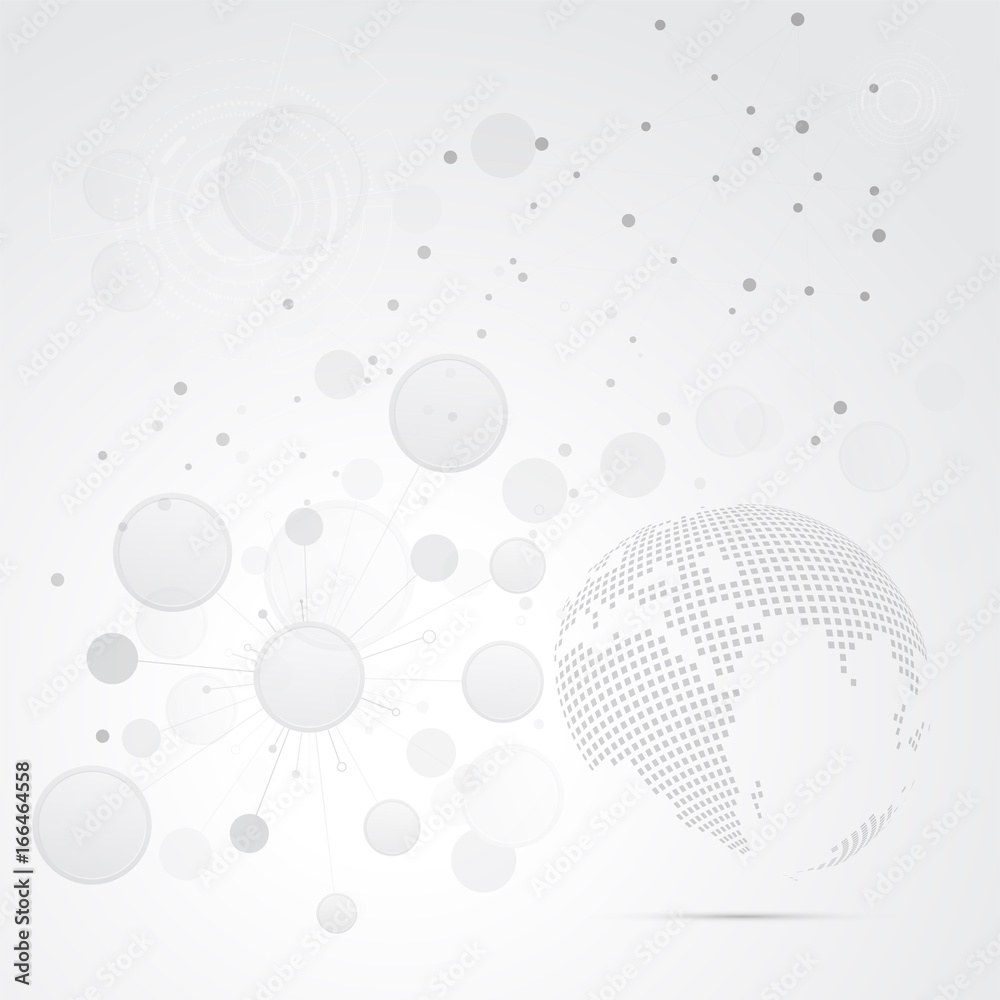 Poster White and gray abstract background. concept of telecommunication with connection line and globe.  Vector molecule connect with halftone planet.