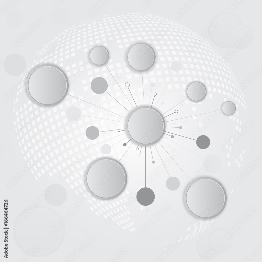 Poster White and gray abstract background. concept of telecommunication with connection line and globe.  Vector molecule connect with halftone planet. info graphic.
