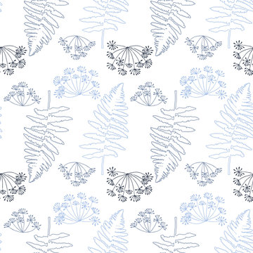 Floral vector seamless pattern with hand drawn dill flowers and fern leaves.