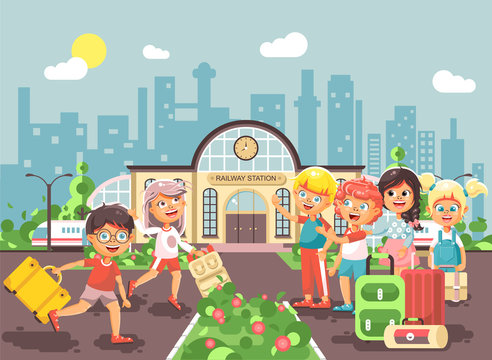 Vector illustration cartoon characters late boy and girl running to little children standing at railway station building with bags and suitcases awaiting train flat style city background