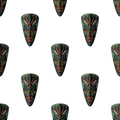 African mask seamless pattern vector illustration background. Flat icon. Ritual symbol.