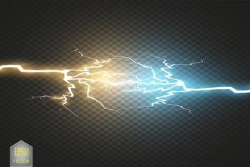 Collision of two forces with gold and blue light. Vector illustration. Hot and cold sparkling power. Energy lightning with electric discharge isolated on transparent background