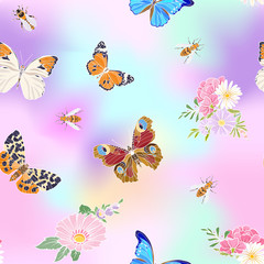 Floral seamless pattern with butterflies and bees in realistic botanical style.  Stock vector illustration. In vanilla pastel colors