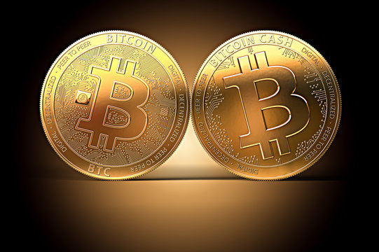 Two different Bitcoin coins after Bitcoin classic splits. Bitcoin Cash facing Bitcoin concept. 3D illustration