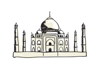 Taj Mahal hand drawn icon isolated on white background vector illustration. Indian ethnic culture element.
