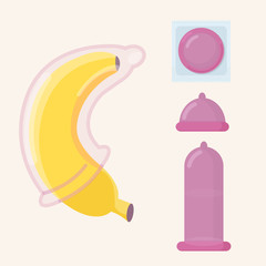Condom vector set. Condom wrapper, pack,condom is dressed on a banana. Safe sex, STD prevention and AIDS awareness concept.