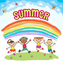 Obraz na płótnie Canvas Kids jumping with joy on a hill under rainbow, colorful cartoon