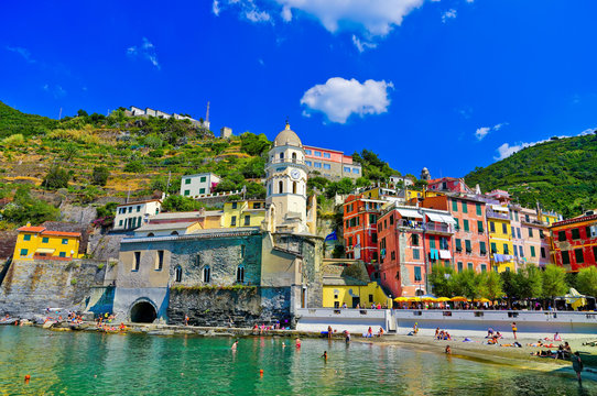View of the beautiful seaside of Vernazza village in summer in the Cinque Terre area, Italy.