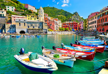View of the beautiful seaside of Vernazza village in summer in the Cinque Terre area, Italy.