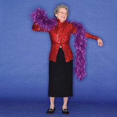 Funky grandmother in red jacket and feather boa