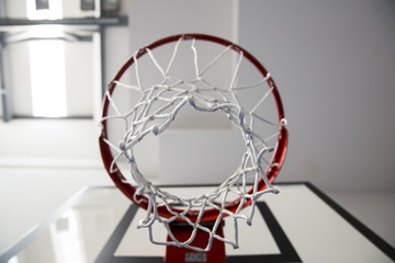 Basketball hoop in a game hall.