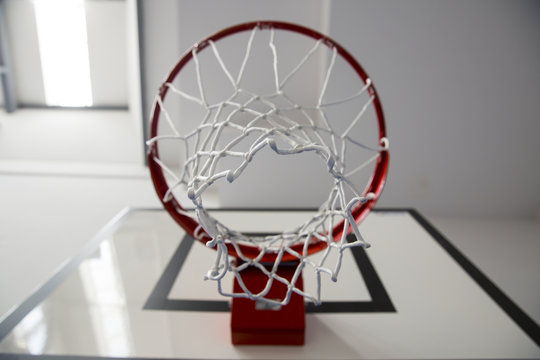 Basketball hoop in a game hall.