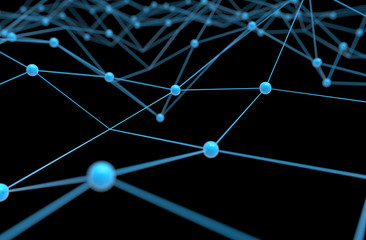 Blockchain network , Machine learning , deep learning and neural networks concept. Blue Distributed connection atom with black background , 3d rendering
