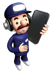 3D Technician Mascot Calling on smartphone.