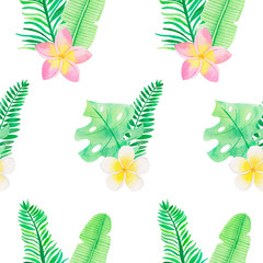 Seamlesss pattern with hand drawn cartoon style bananas and tropical leaves.