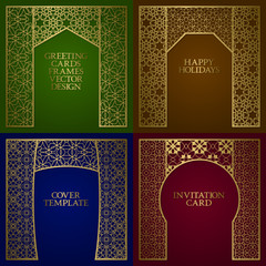 Greeting cards golden frames set. Vintage design of template in asian style.