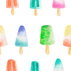Seamless pattern with watercolor popsicles on white background.