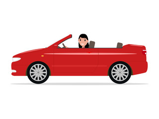 Vector cartoon girl riding in a red car cabriolet
