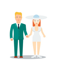 Happy young just married icon vector illustration isolated on white background. Happy bride and groom couple. People relationship, family concept in flat design.