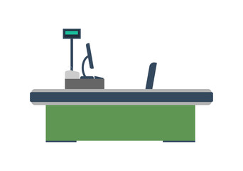 Cash desk with computer terminal in supermarket icon. Retail counter isolated vector illustration.