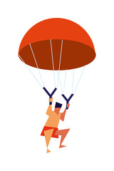 Young boy flying with parachute isolated vector icon. Summer vacation on beach illustration.