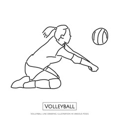 Volleyball line drawing illustration in various poses, line drawing vector illustration graphic design