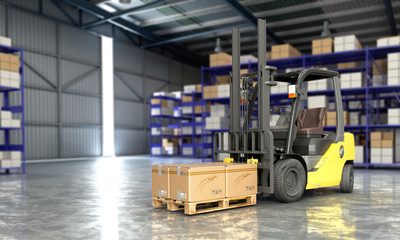 Concept of warehouse The forklift in the big warehouse delivery background 3d illustration