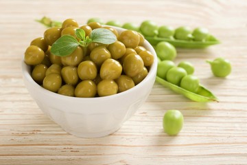 canned peas on wooden background