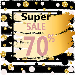 Super Sale. Web Banner with Gold Glitter on White Background. Trendy Vector Templates for fashion store