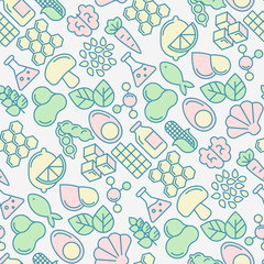 Food intolerance seamless pattern with thin line icons of common allergens, sugar and trans fat, vegetarian and organic symbols. Vector illustration for background.