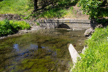 Water drain in the canal. Green algae in water surface.  Environmental pollution