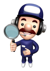 3D Repair Person Mascot is holding a Magnifying Glass.