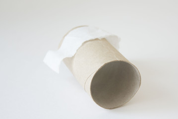 Empty toilet paper roll isolated over white background. Empty toilet roll, concept for unexpected, emergency, humor.