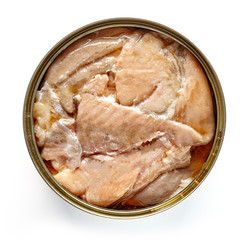 Canned salmon isolated on white, from above