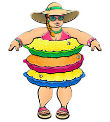 Diet and weight. The complexed fat woman on the beach is embarrassed by her body. From a large series of similar images.