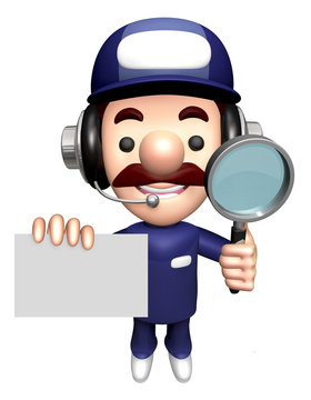 3D Mechanic Mascot is holding the Magnifier and Business Card.