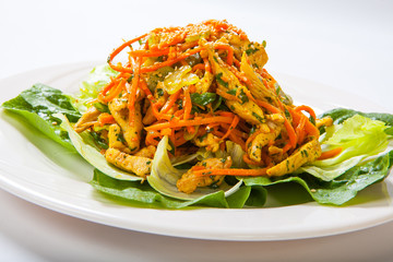 chicken salad with fresh vegetables and sesame in Asian style