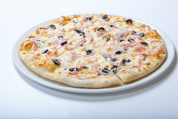 Pizza with cheese and olives and onion rings