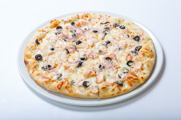 Pizza with cheese and olives and onion rings