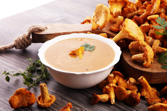 Mushroom cream soup with fresh chanterelles and herbs on a rustic background. Autumn concept.