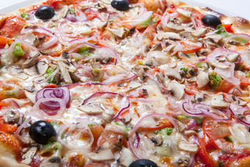 Obraz na płótnie Canvas Pizza with onion and ham, cheese and tomato. White background